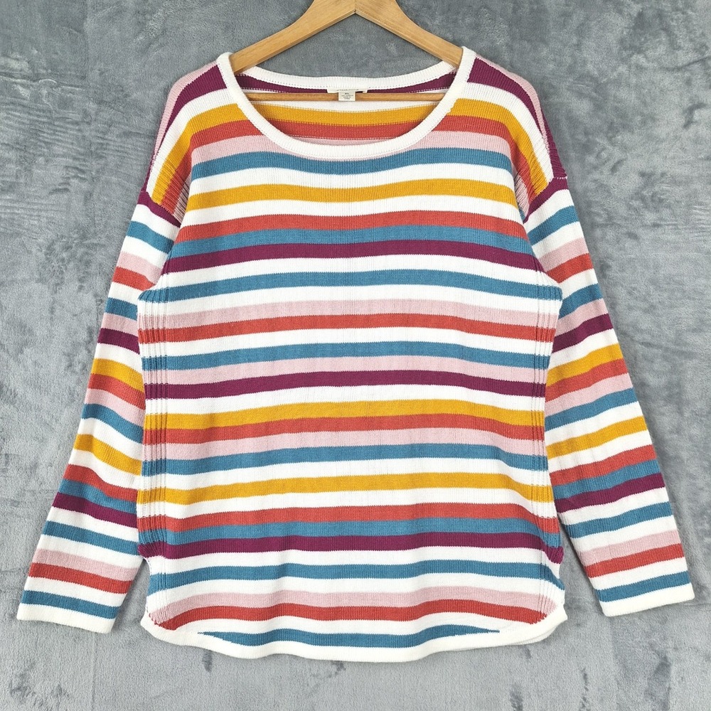 Womens Sweater XL Rainbow Stripe Indie Boho Colorful Knit Ribbed Pullover Casual